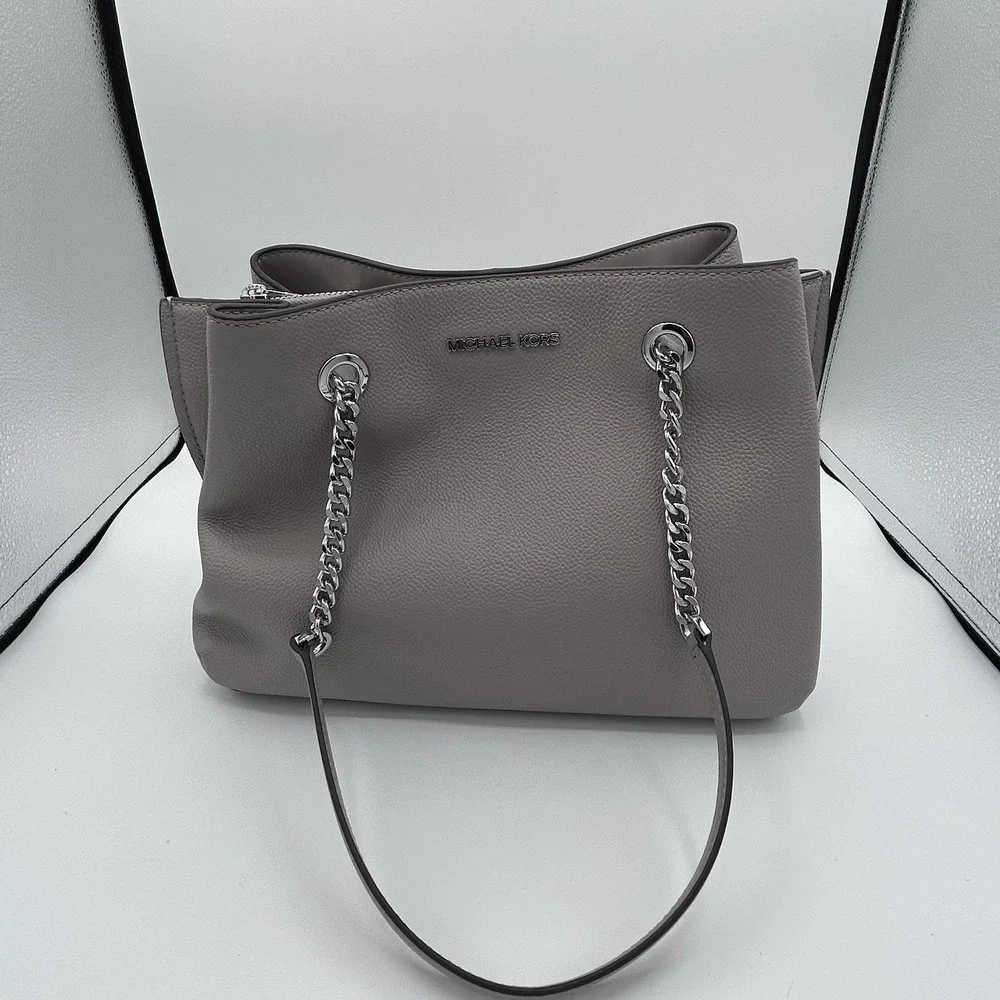 Michael Kors Teagan Long Drop Satchel Pearl Grey Pebbled Leather NEW MSRP $448.